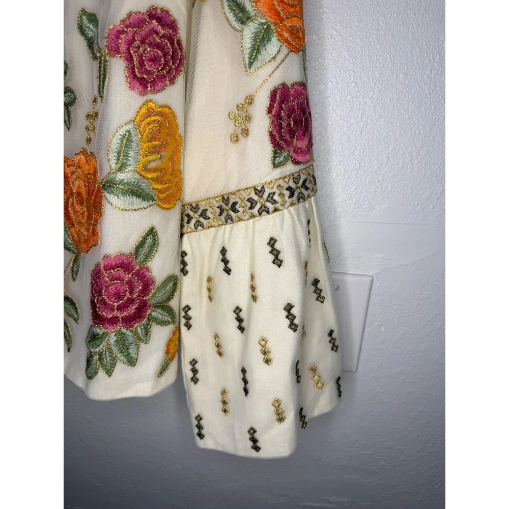 Boston Proper Floral Embroidered Bell Sleeve Jacket White Gold Metallic Large